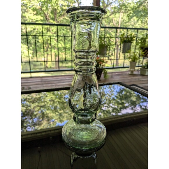 Antique Look Glass Candlestick/Bud Vase Green Tinted Thick 8" Farmhouse Cottage - Picture 2 of 12
